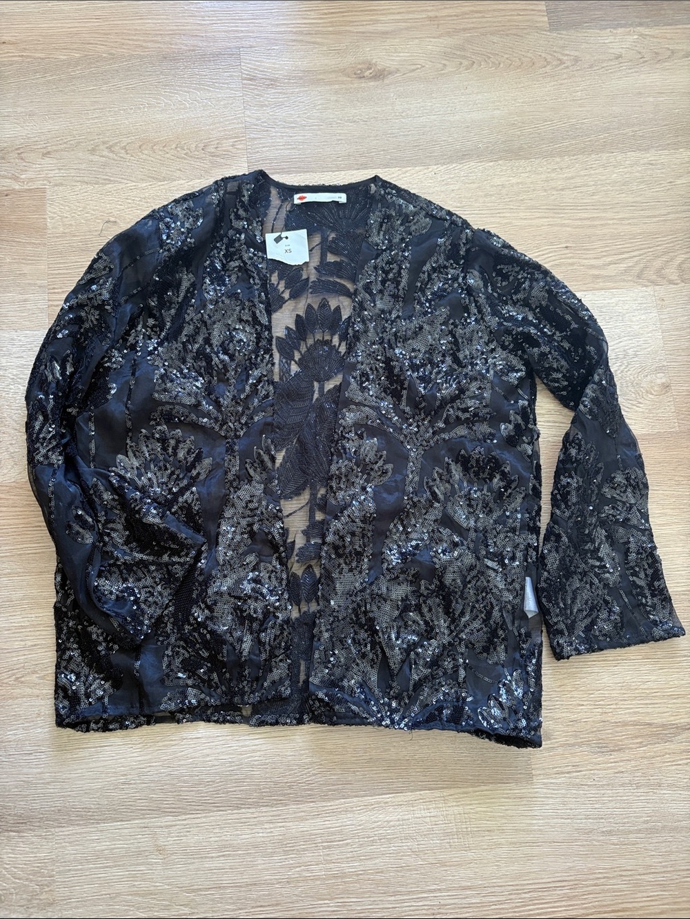 Black Sequin Floral Open-Front Women's Jacket